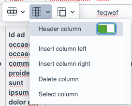 Table column context menu with the Header column toggle enabled